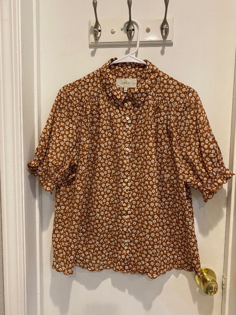 Brown Floral Short Sleeve Blouse - Size 1 Small